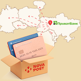 PrivatBank cards in an open Nova Post box against the background of the map of Ukraine and Europe.