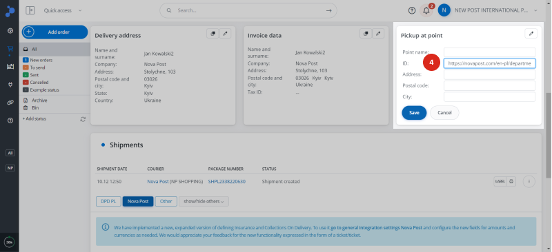 <b><span class="custom-font-size font-size-16 custom-font-family font-family-Inter" style="font-weight: 700;font-style: normal;">Поверніться в картку замовлення на Baselinker та перейдіть до редагування розділу Pick up at point. Вставте скопійовану інформацію в поле ID та збережіть зміни.</span></b><br><br><b><span class="custom-font-size font-size-16 custom-font-family font-family-Inter" style="font-weight: 700;font-style: normal;">Заповніть дані про посилку в розділі Shipments та натисніть Send package Nova Post.</span></b><br><a style="text-decoration: none;" href="#parcel-data" target="_self"><span style="color: rgb(218, 41, 28);"><b><span class="custom-font-size font-size-16 custom-font-family font-family-Inter" style="font-weight: 700;font-style: normal;">Як заповнювати розділ Shipments&nbsp;</span></b></span></a><img class="np-block-inline-icon" src="https://site-assets.novapost.com/66d56a6f-0ada-4130-96ea-2d79f1054e04.svg">