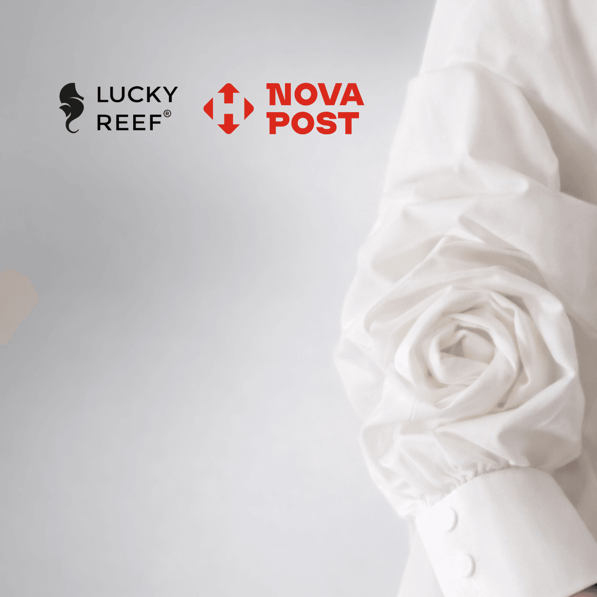 Lucky Reef and Nova Post logos on a background of white clothing with a decorative flower.